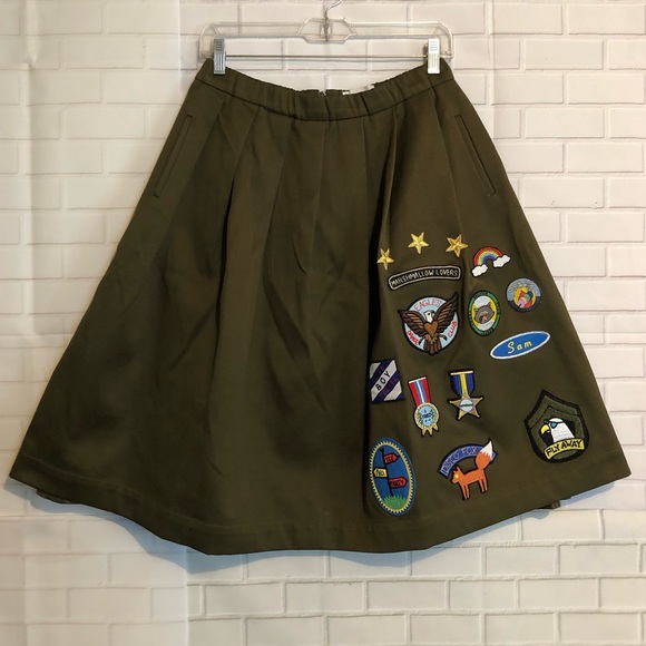 Mira Mikati Green Embroidered Scout Patches Pockets Elastic Waist Lined Skirt 4 - Picture 1 of 16